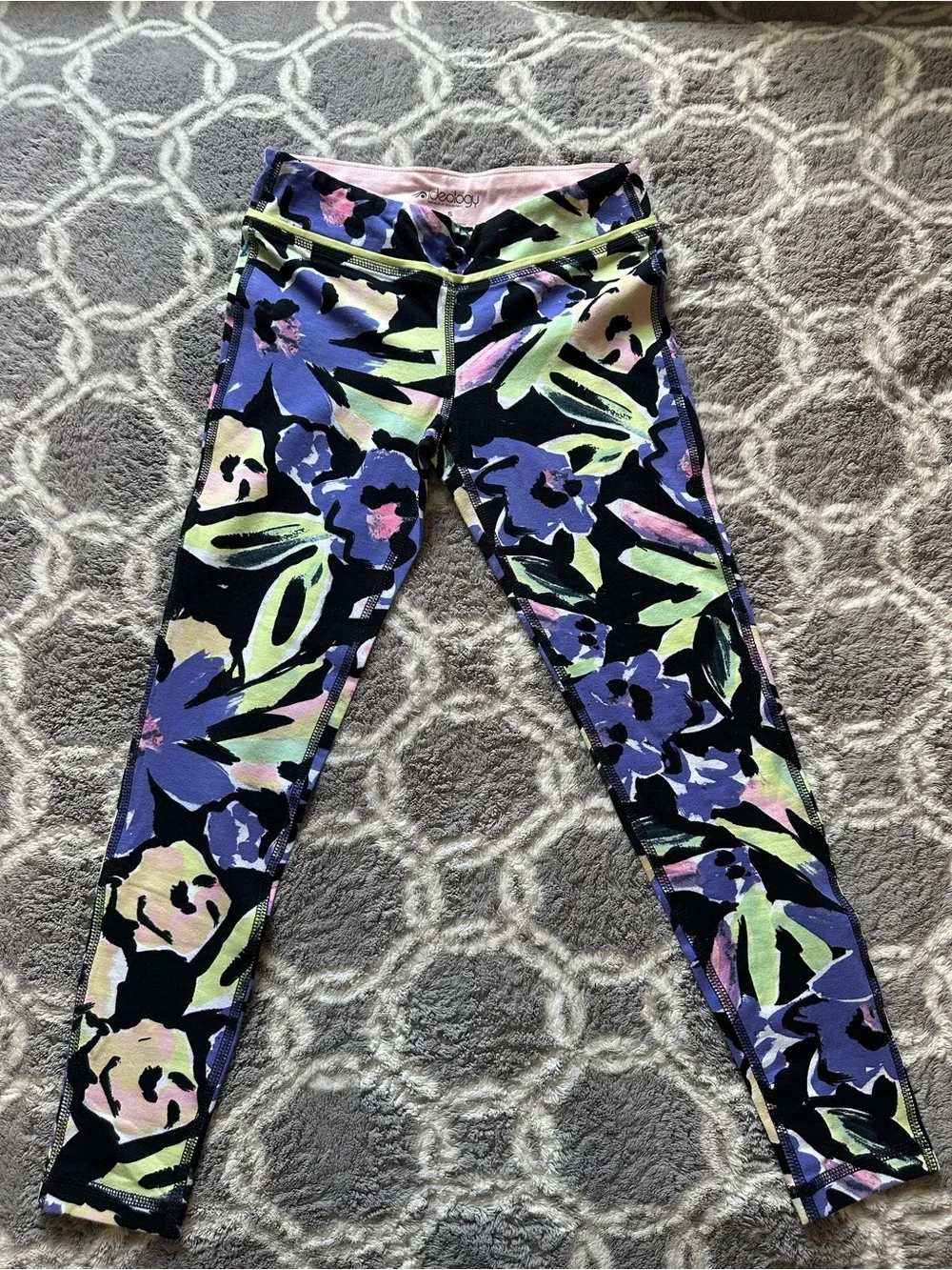 Ideology Black Floral Leggings with Purple, Pink and Lime Accents Girl’s Size S